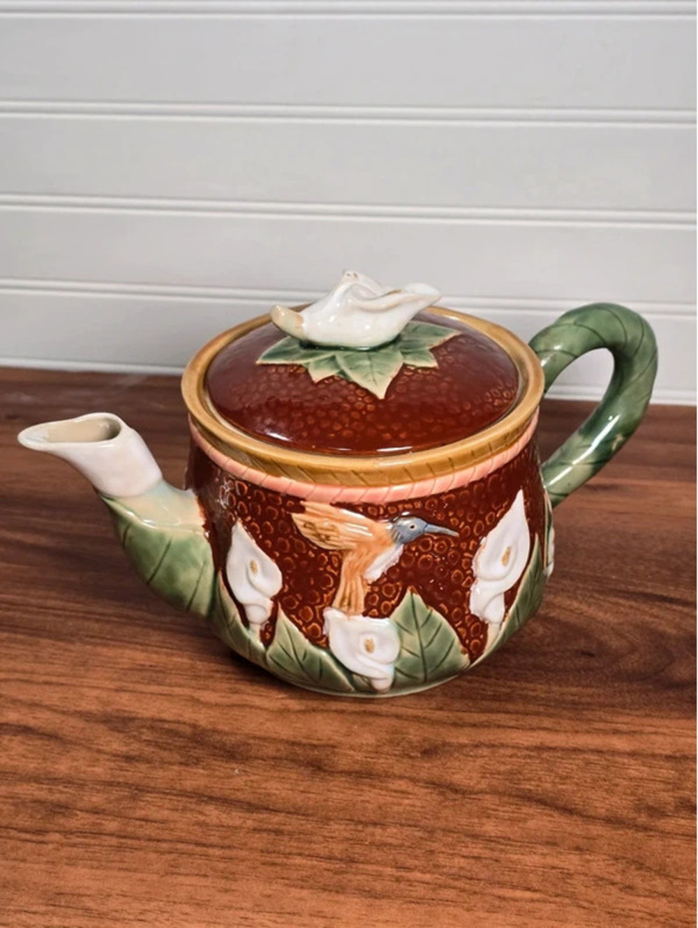 Vintage Hummingbird Calla Lily Ceramic Teapot Majolica Style Floral